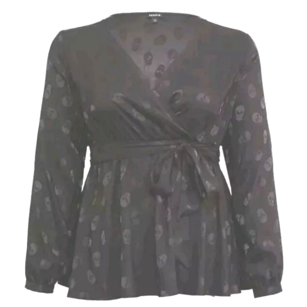 Torrid Jacquard Skull Faux Wrap Blouse Woman Plus 2X Gothic Fairy Witchy Vamp